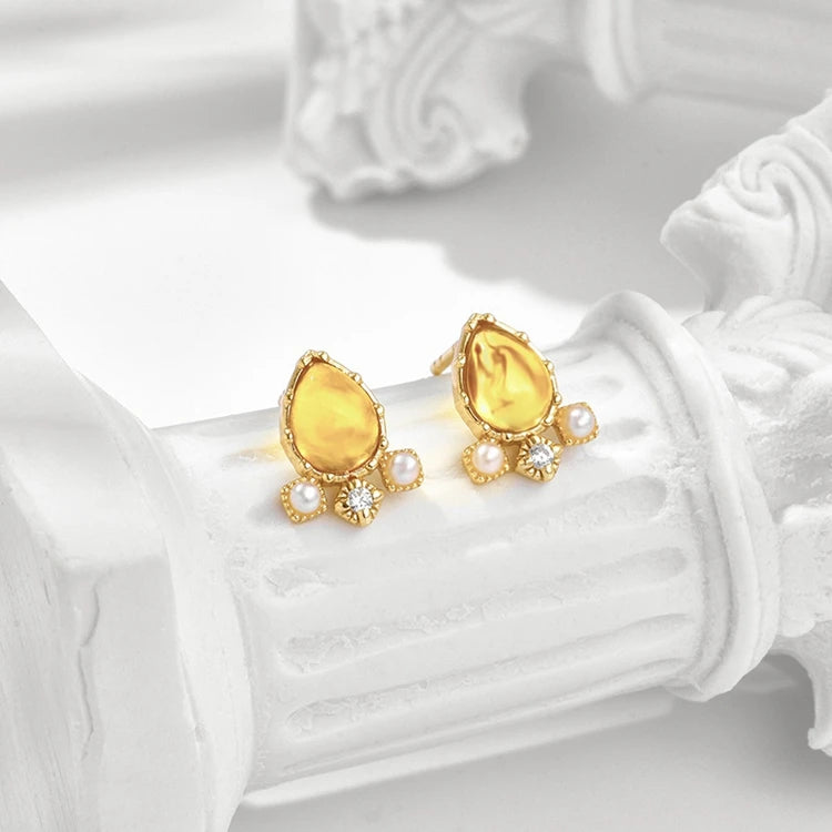 Emotional Factory 925 Sterling Silver 14K Gold Plated Gemstones Flowers Pendant Drop Amber Earrings