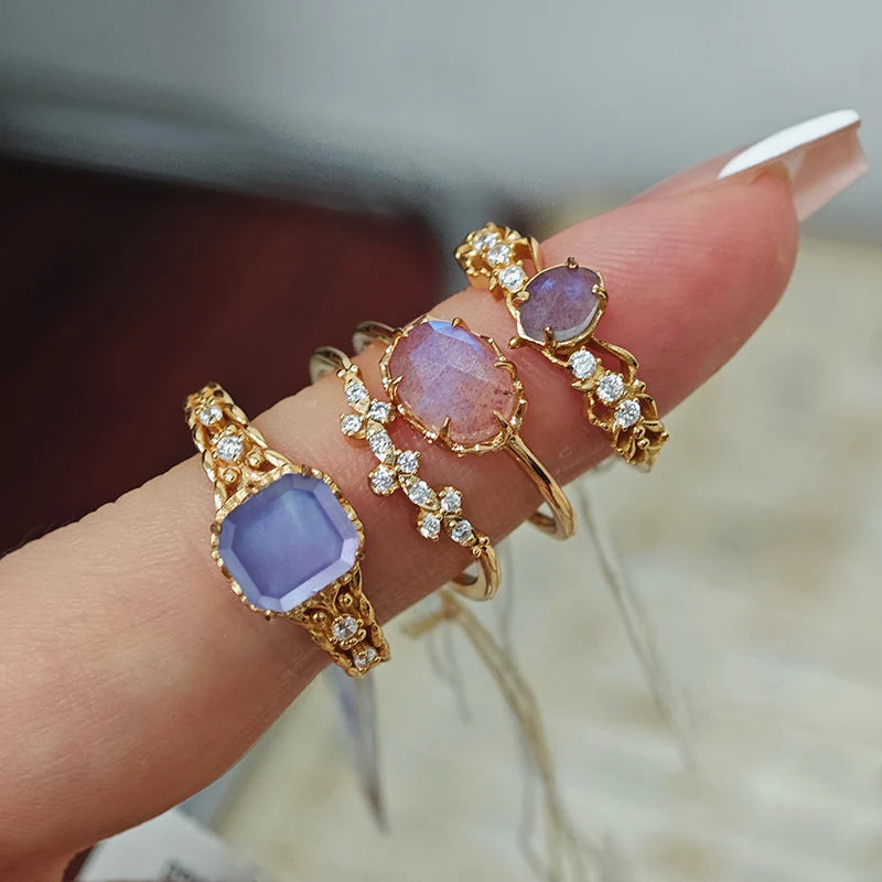925 Sterling Silver 14K Gold Plated Gemstone Strawberry Quartz Stone Amethyst Labradorite Cordierite Stacked Zircon Ring