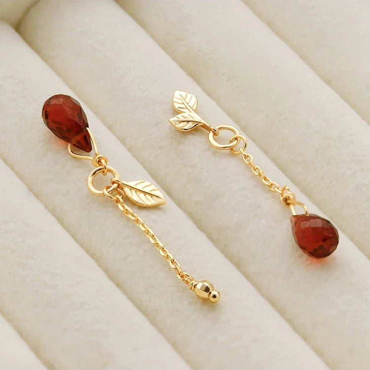 Emotional Factory 925 Sterling Silver 14K Gold Plated Gemstone Leaf Drops Seeds Red Garnet Earrings