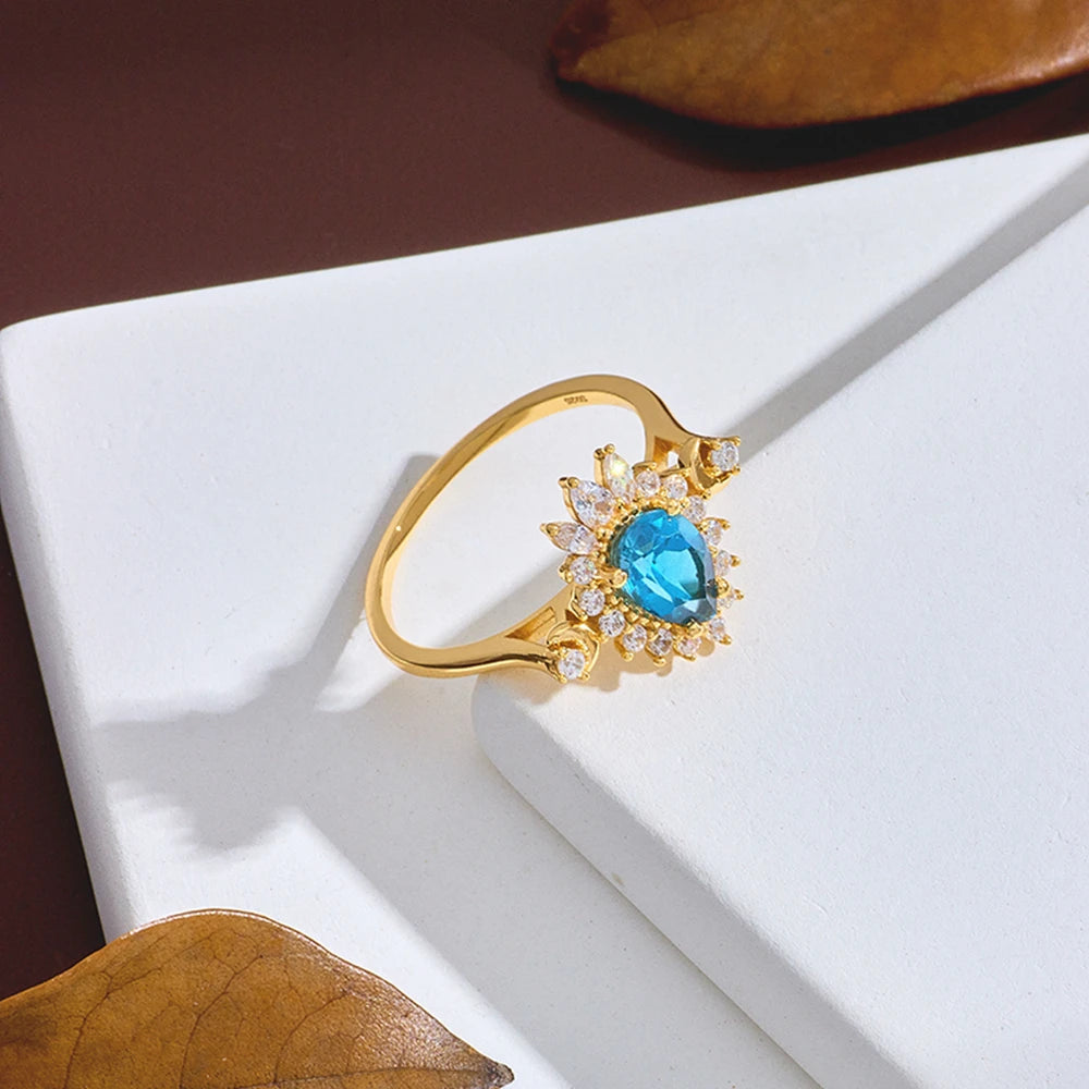 Emotional Factory Jewelry 925 Sterling Silver 14K Gold Plated Gemstone Series Sun Moon London Blue Topaz Ring