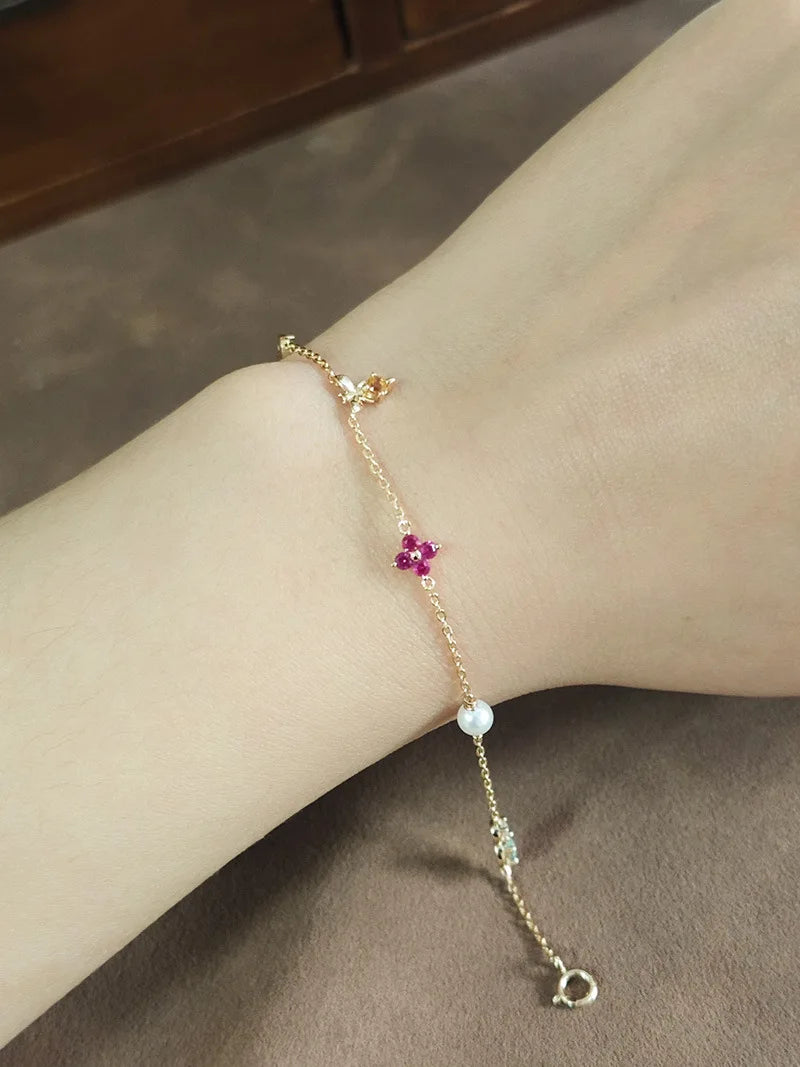 Emotional 925 Sterling Silver 14K Gold Plated Gemstone Pearl Butterfly Small Fresh Four-Leaf Clover Red Corundum Bracelet