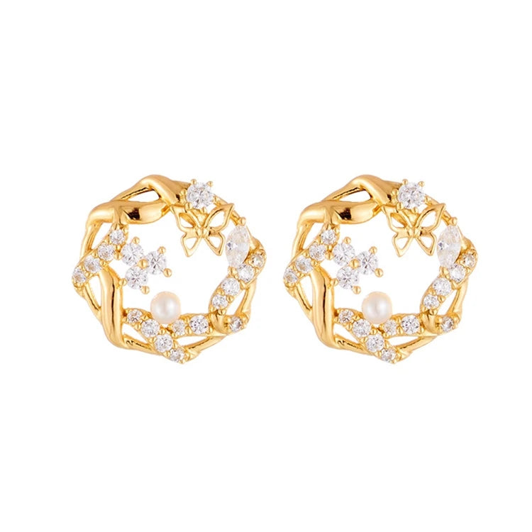 Emotional Factory 925 Sterling Silver 14K Gold Plated Round Hollow Butterfly Pearl Earrings