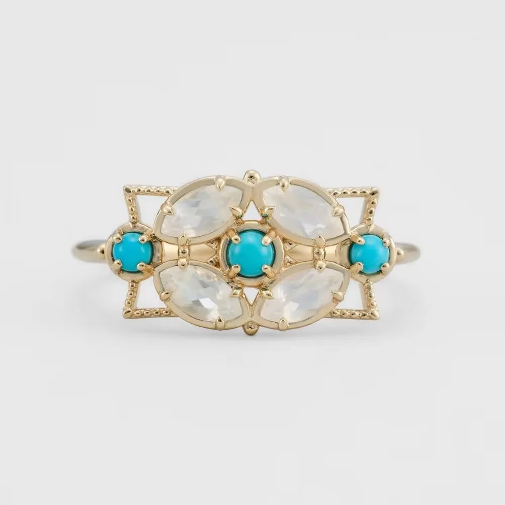 Niche Retro Hollow Geometry Design Inlaid Opal+Turquoise RingS925Silver Plated14KRing