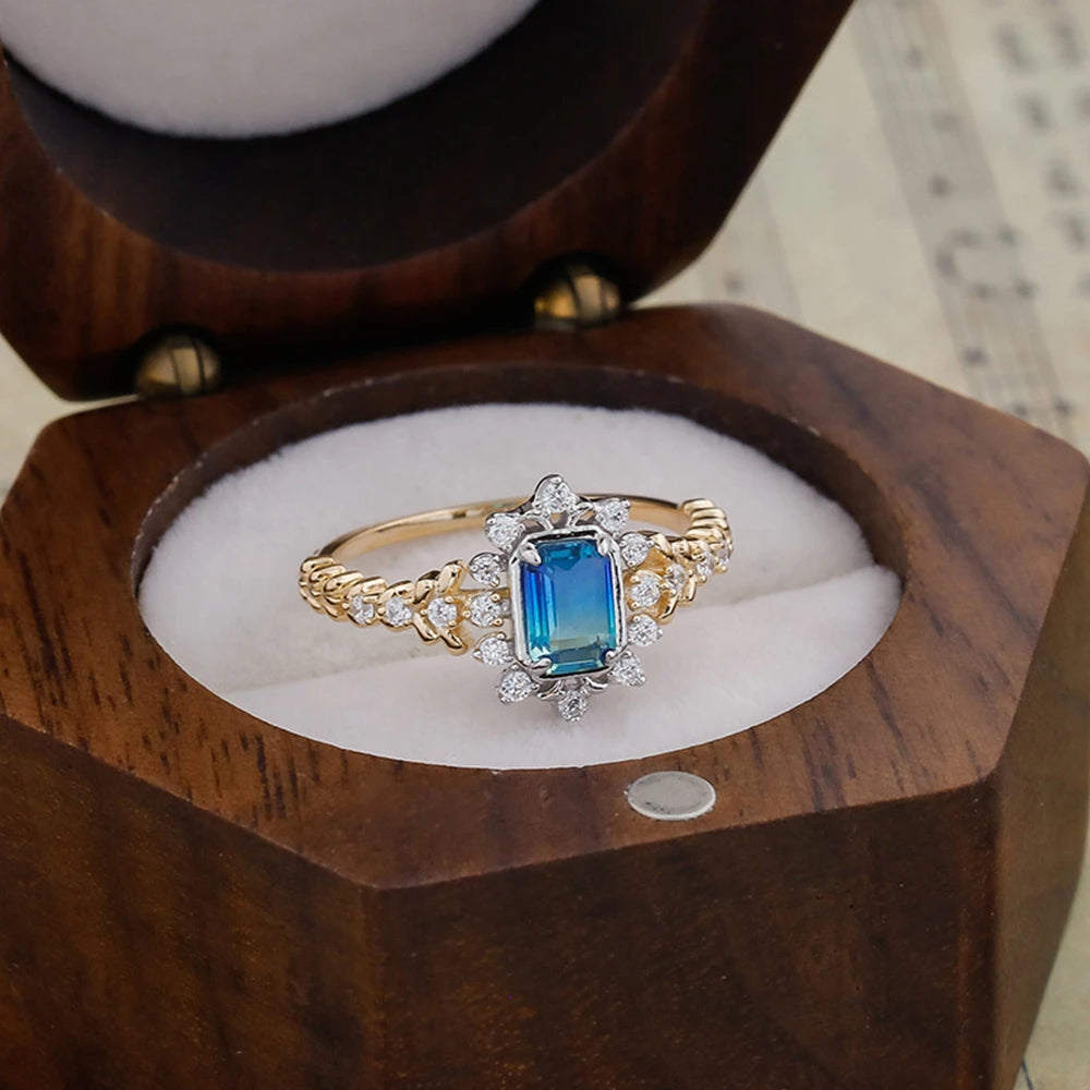 925 Sterling Silver 14K Gold Plated Gem Stone Gemstone Geometrical Dreams Galactic Star Fantasy Blue-Green Quartz Stone Ring
