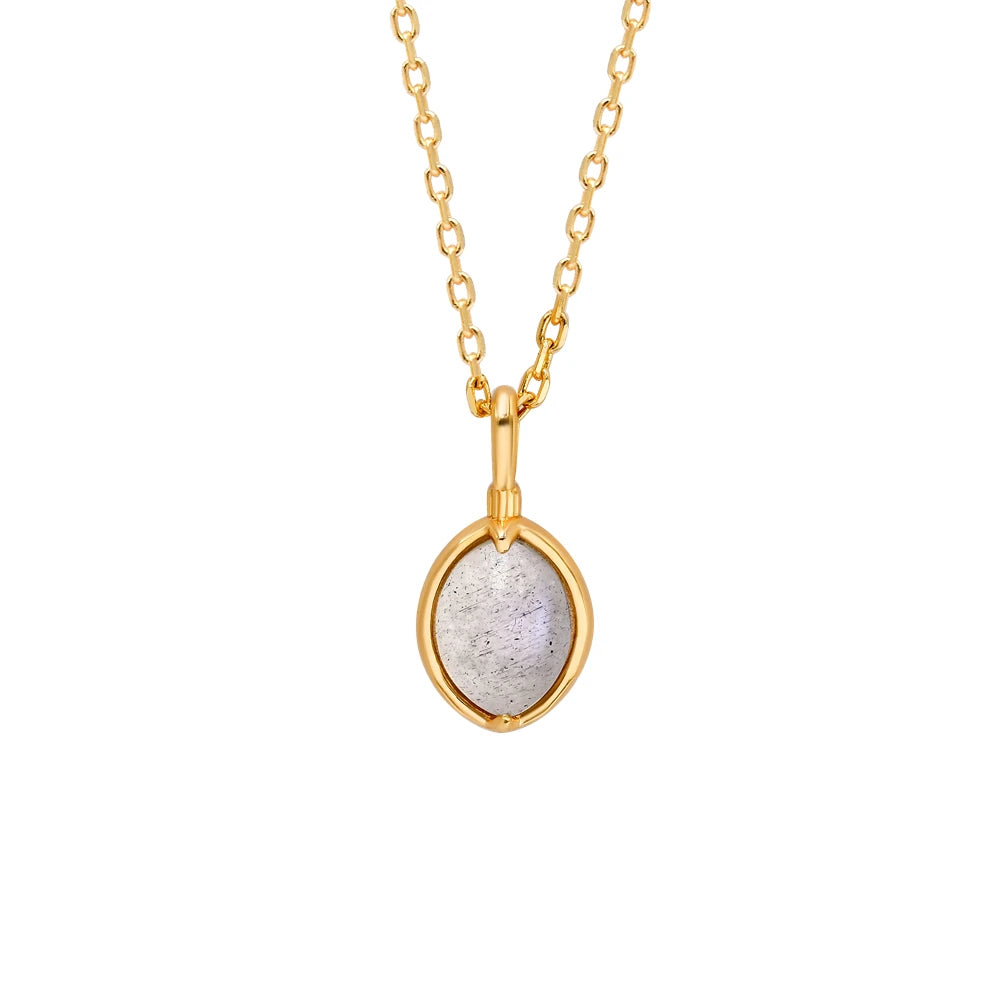925 Sterling Silver 14K Gold Plated Gemstone Round Stone Egg Shape Natural Labradorite Pendant Necklace