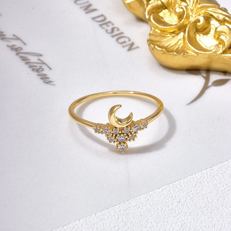 Emotional Factory Anel Prata 925 925 Sterling Silver 14K Gold Plated Personality Mini Zircon Moon Ring Bijoux for Women