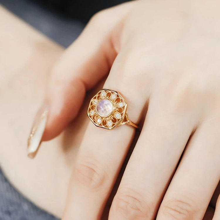 925 Sterling Silver 14K Gold Plated Gem Stone Gemstone Cz Zircon Vintage Court Style Geometric Natural Blue Moonstone Necklace