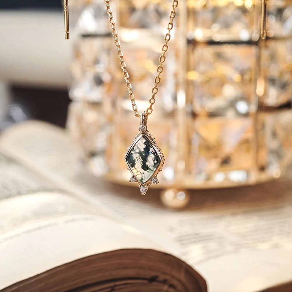 Emotional Factory 925 Sterling Silver 14K Gold Plated Gemstone Middle Ages Vintage Style Geometric Rhombus Moss Agate Pendant