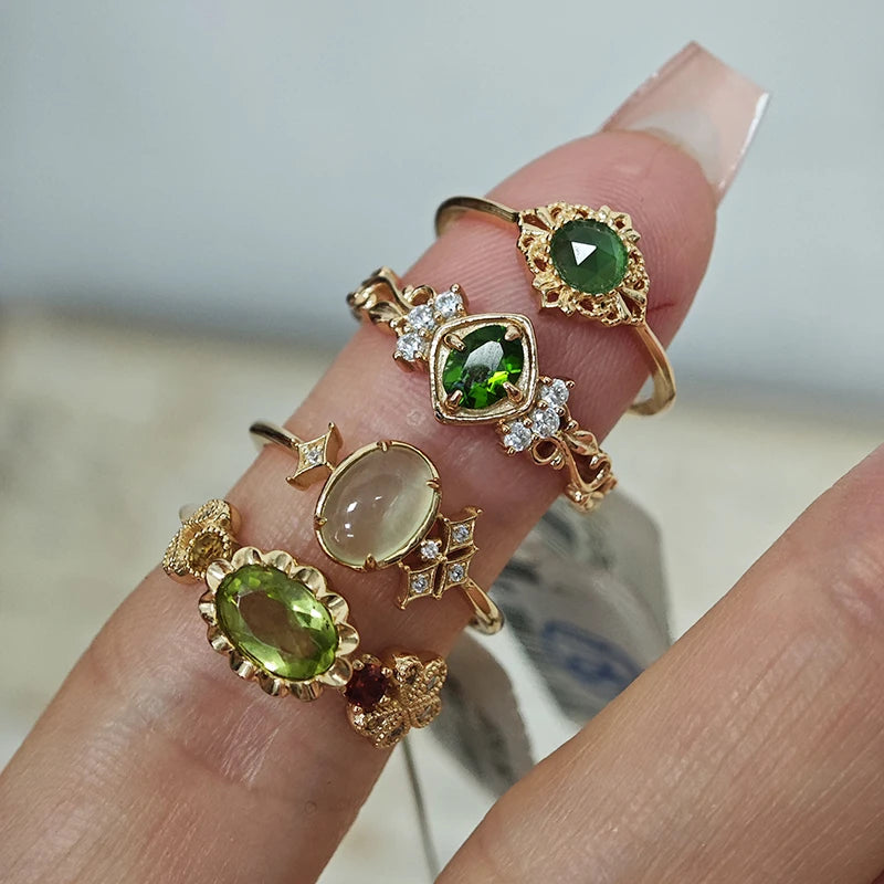 Emotional Factory 925 Sterling Silver 14K Plated Gemstone Gold Tourmaline Green Peridot Flower Prehnite Ring