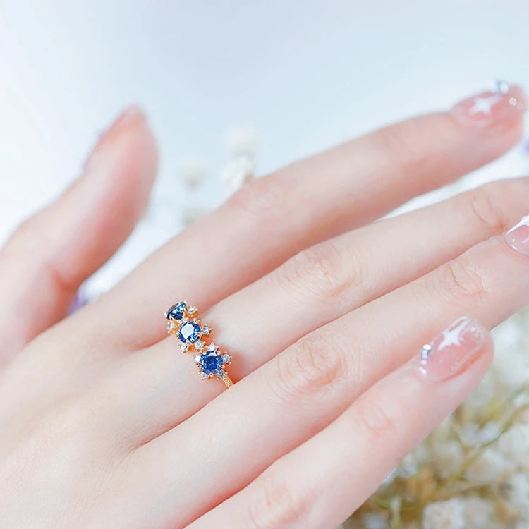 925 Sterling Silver 14K Gold Plated Gemstone Deep Space Blue Zircon 3 Zircon Sandblasting Process Ring