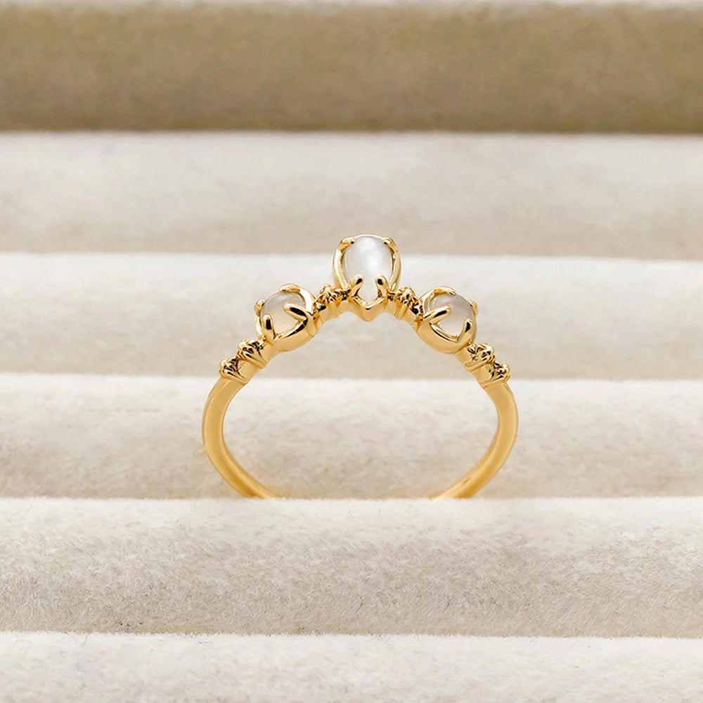 925 Sterling Silver 14K Gold Plated Gemstone Round Drop White Moonstone V Shaped Ring