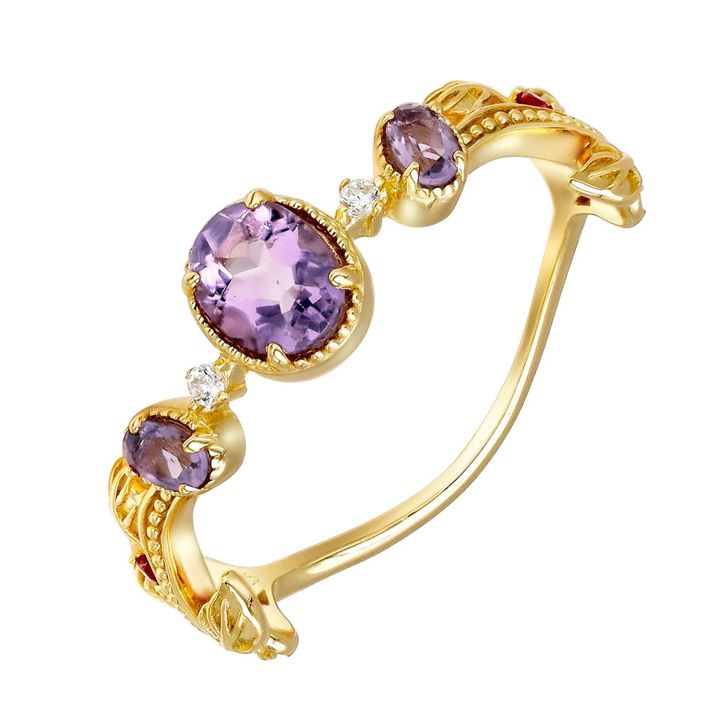 Emotional Factory 925 Sterling Silver 14K Gold Plated Gem Stone Gemstone Geometric Oval Cz Zircon Corundum Amethyst Ring