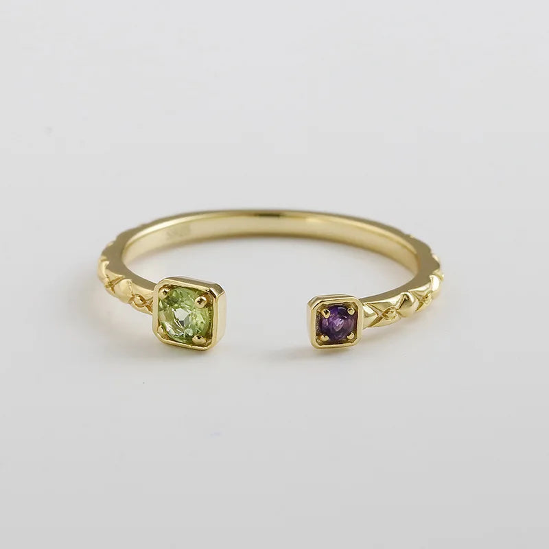 Emotional Factory 925 Sterling Silver 14K Gold Plated Gemstone Amethyst Peridot Adjustable Ring
