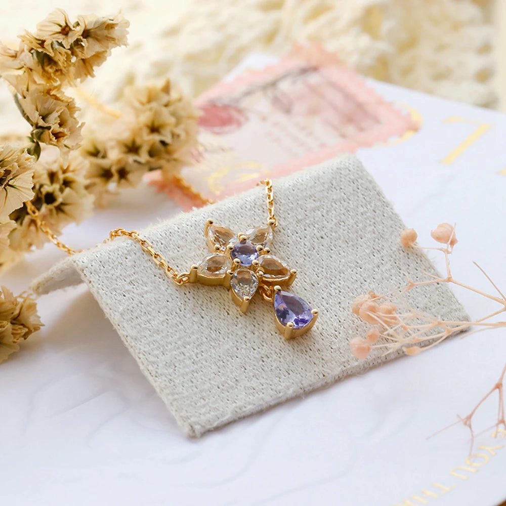 Emotional Factory 925 Sterling Silver 14K Gold Plated Gem Stone Gemstone Tanzanite Zircon Eustoma Flower White Topaz Necklace