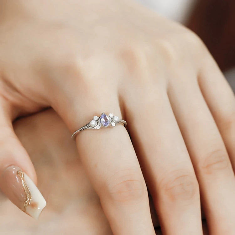 Emotional Factory 925 Sterling Silver 14K Gold Plated Gem Stone Gemstone Summer Tanzanite Freshwater Pearl Ring