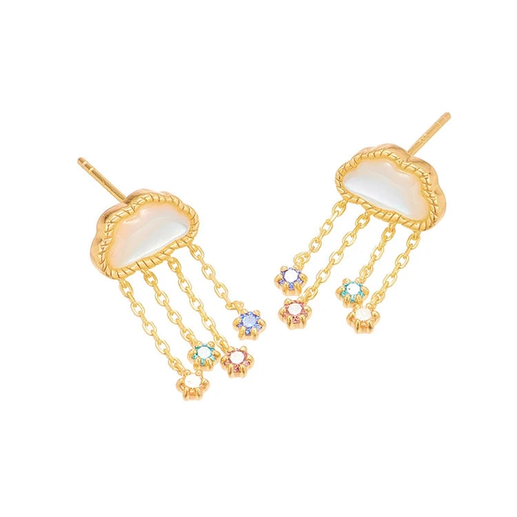 925 Sterling Silver 14K Gold Plated Gemstones Colorful Zirconia Tassel Stereoscopic Clouds White Butterfly Shell Earrings