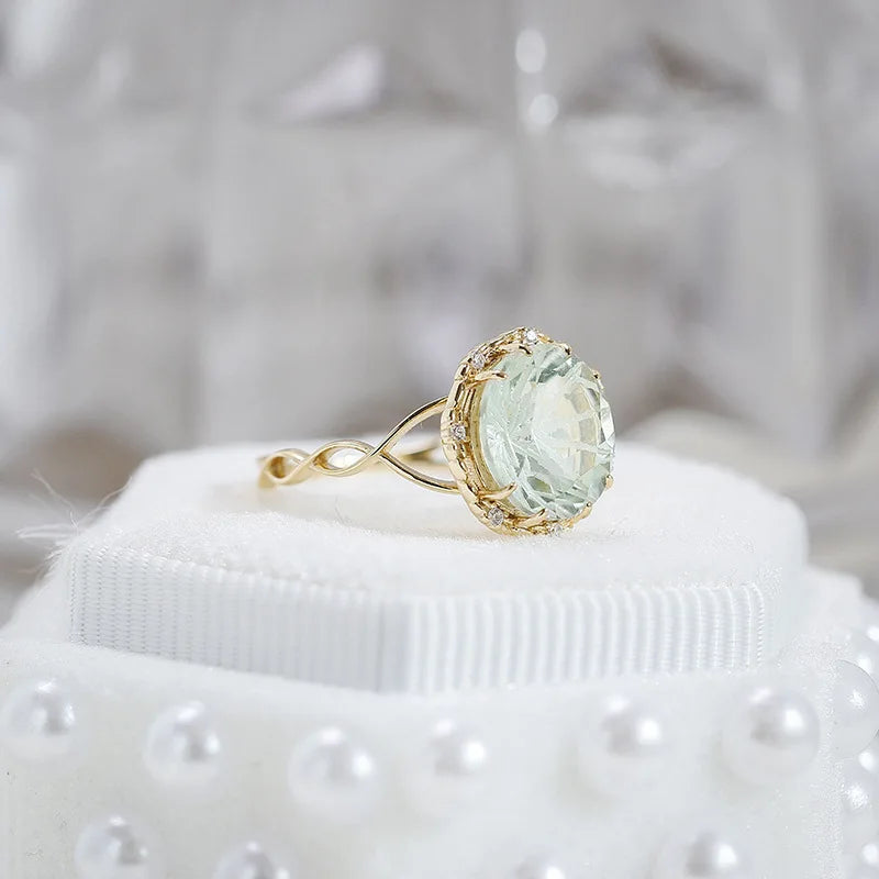 Emotional Factory 925 Sterling Silver 14K Gold Plated Gemstone Niche Design Round Carved Green Amethyst Rings