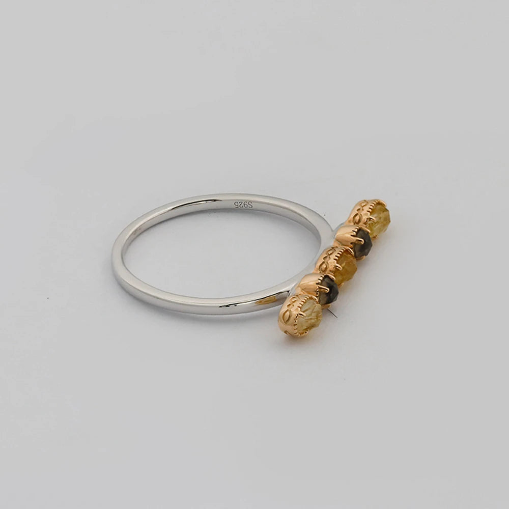 925 Sterling Silver 14K Gold Plated Gem Stone Taurus Pisces Bar Guardian Stone Tea-Coloured Citrine Rutilated Quartz Ring