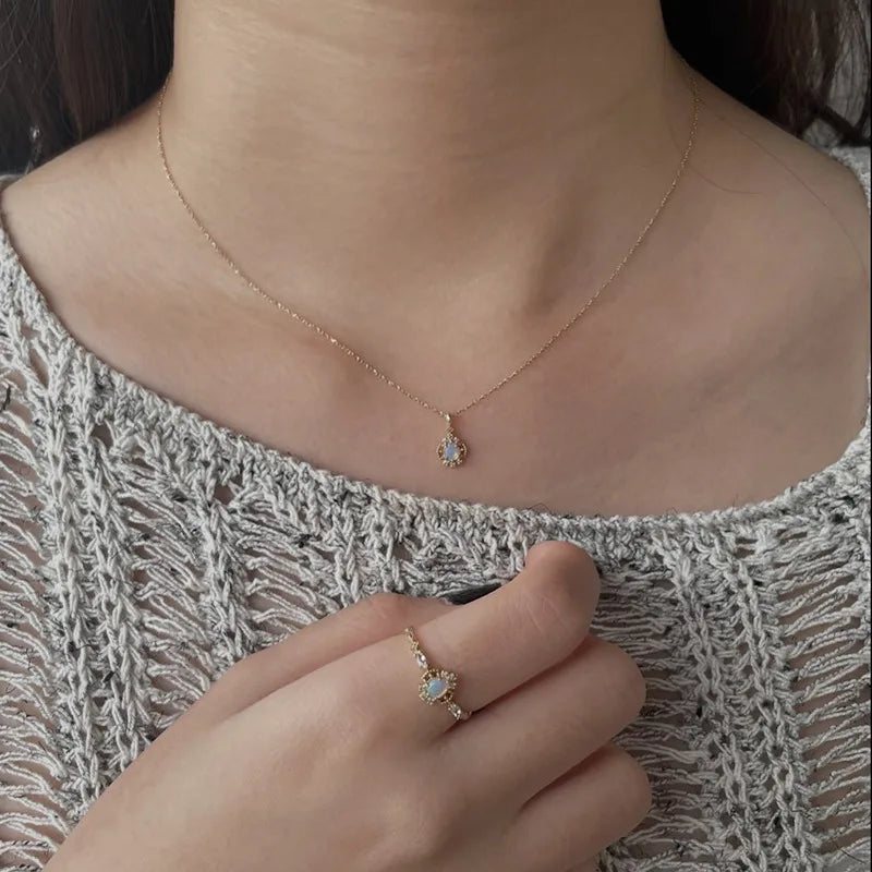 925 Sterling Silver 14K Gold Plated Gemstone Retro Geometric Circle Flower Aventurine Natural Australia Opal Necklace