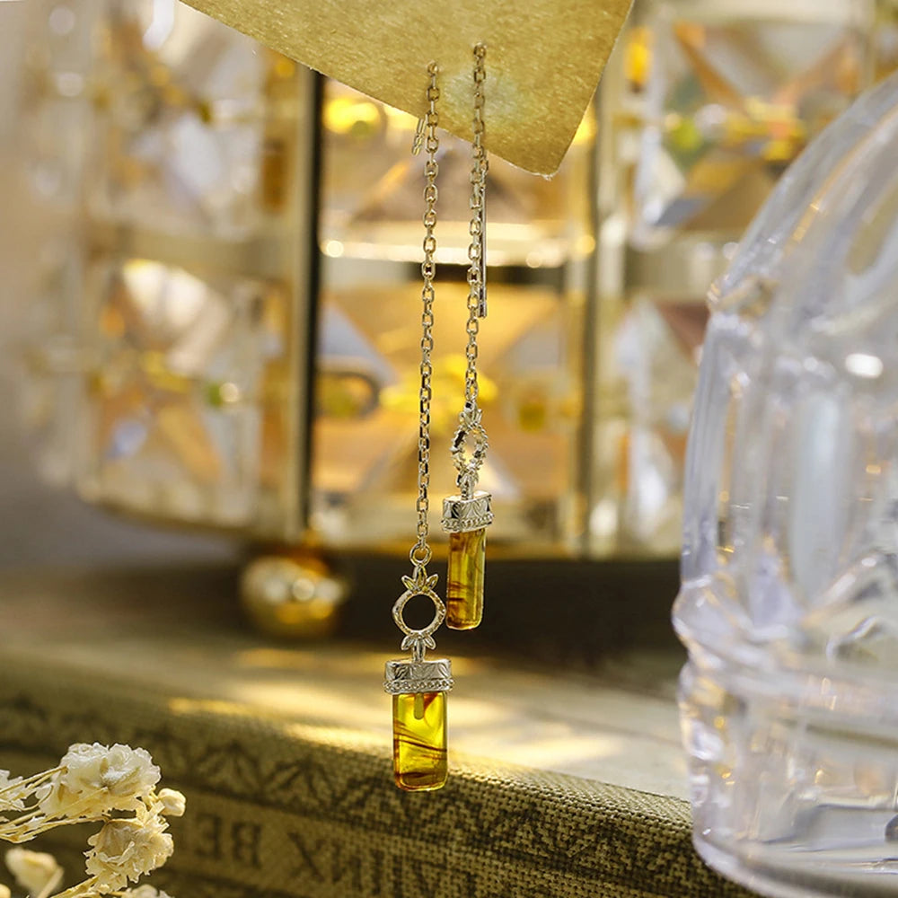 Emotional Factory 925 Sterling Silver 14K Gold Plated Gemstone Swinging Earwire Square Sculpture Leaf Amber Earrings