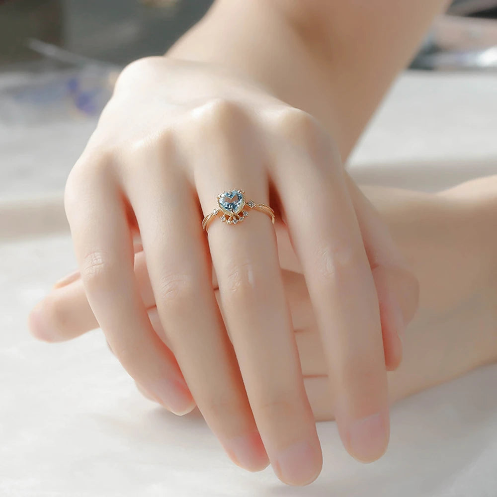 925 Sterling Silver 14K Gold Plated Gemstone Zircon Crown Heart Sjaped Sky Blue Topaz Ring