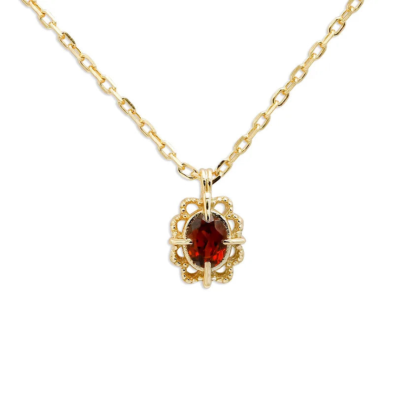 Emotional Factory 925 Sterling Silver 14K Gold Plated Gemstone Vintage Picture Frame Hollow Lace Natural Garnet Necklace