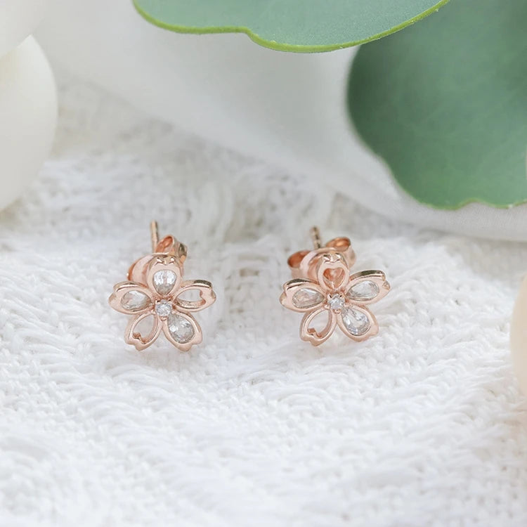 Emotional Factory 925 Sterling Silver 14K Rose Gold Plated Gemstones Five-Leaf Flower White Zircon Cherry Blossom Earrings