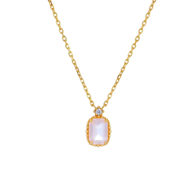 Emotional Factory 925 Sterling Silver 14K Gold Plated Gemstone 8Mm Stone Rectangle Pink Crystal Necklace