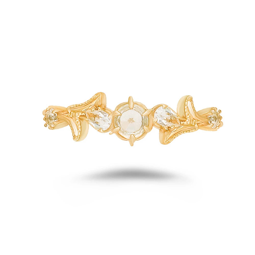 Emotional Factory 925 Sterling Silver 14K Gold Plated Gem Stone Gemstone Rose Flower White Topaz Rock Crystal Ring