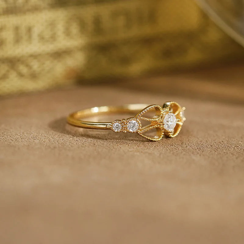 Emotional Factory 925 Sterling Silver 14K Gold Plated Gemstone Cz Zircon Moissanite Lace Hollow Ring