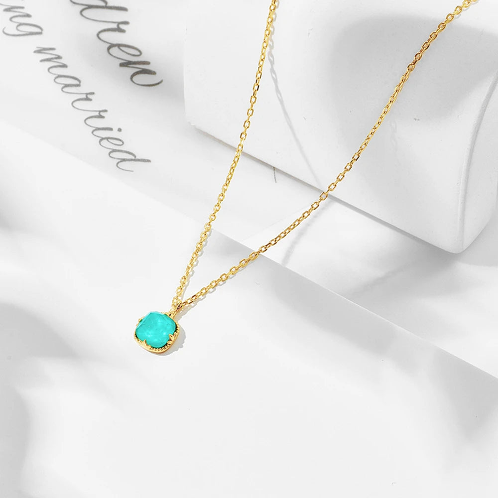 Emotional Factory 925 Sterling Silver 14K Gold Plated Gemstone Series White Crystal Natural Square Turquoise Geometry Necklace