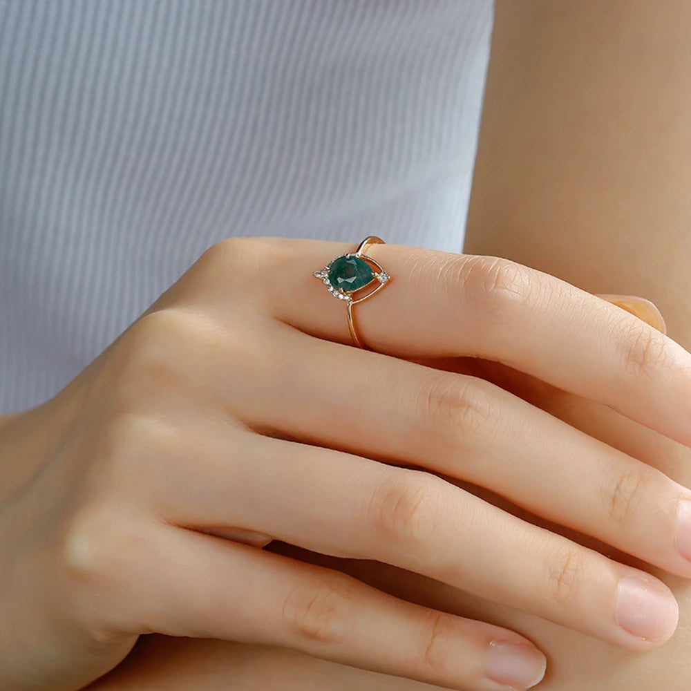925 Sterling Silver 14K Gold Plated Gemstone Cz Zircon Hollow Moss Agate Ring With Natural Stone