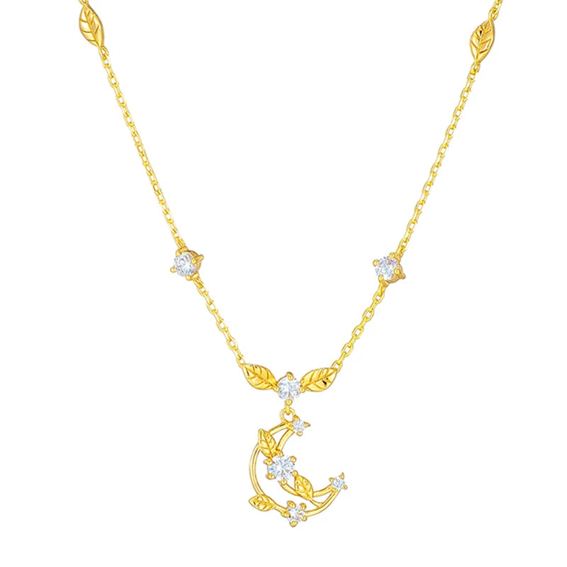Gemstones Zircon Openwork Leaves Knitted Moon Necklace