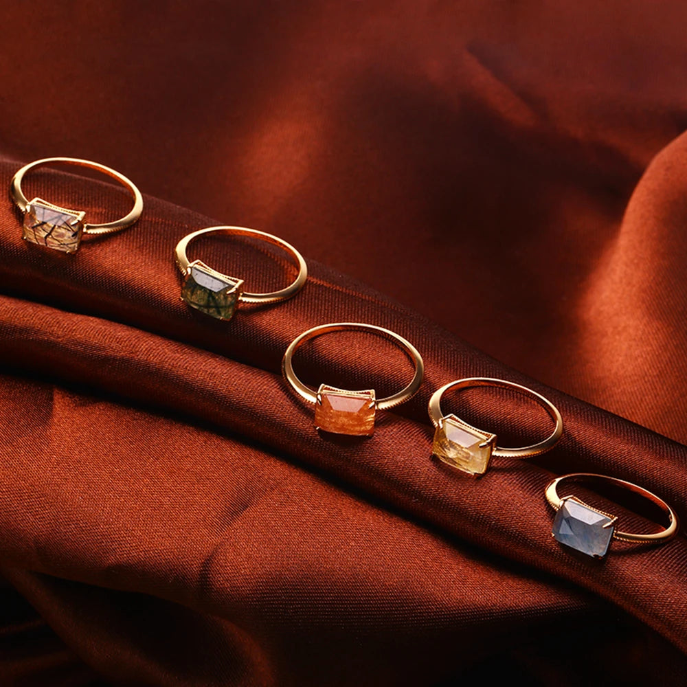 Emotional Factory 925 Sterling Silver Gem Stone Gemstone  Long Rectangular Hair Crystal Geometric Rings