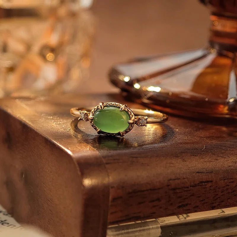 Emotional Factory 925 Sterling Silver 14K Gold Plated Gemstone Retro Cz Zircon Sample Chrysoprase Ring