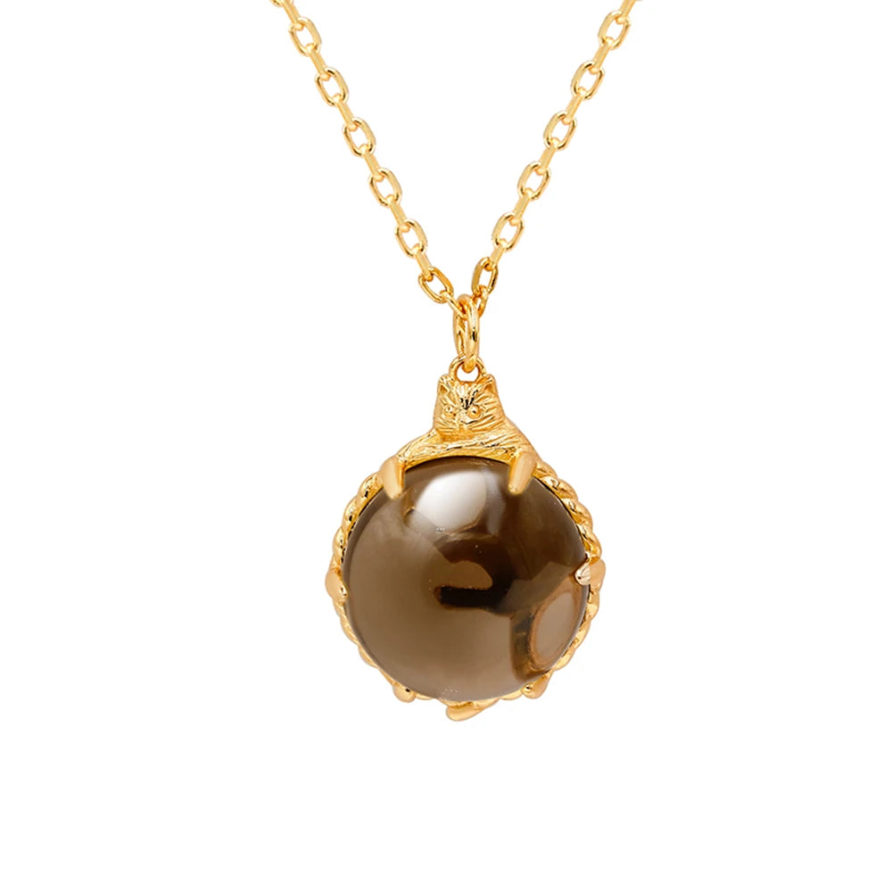 Emotional 925 Sterling Silver 14K Gold Plated Gemstone Cute Cat Golden Tea Crystals Necklace