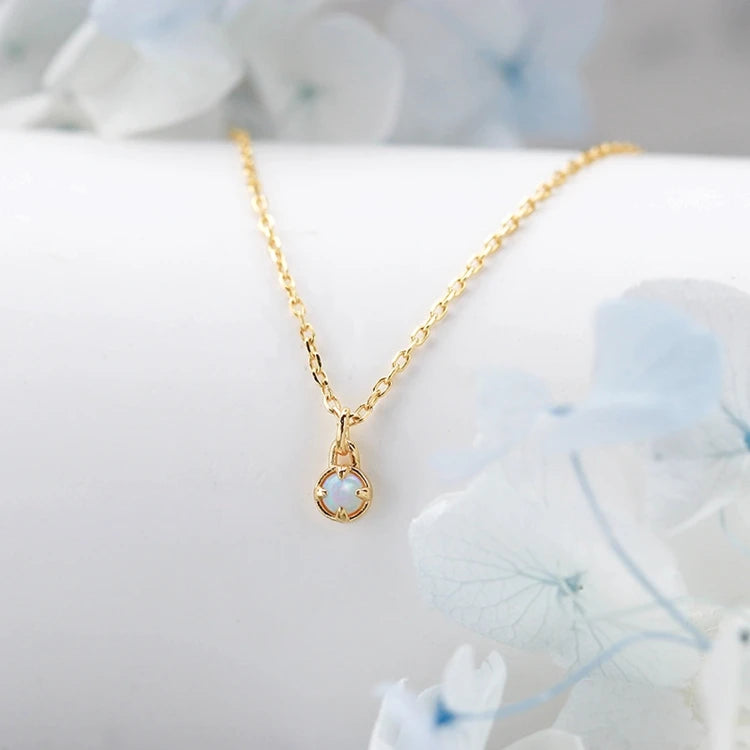 Emotional Factory 925 Sterling Silver 14K Gold Plated Gemstones Vintage Artificial Opal Simple Bead Chain Shaped Necklace