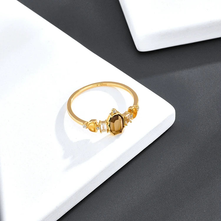 Emotional Bijoux or Factory 925 Sterling Silver 14K Gold Plated Gemstone Citrine White Topaz Hexagon Ring