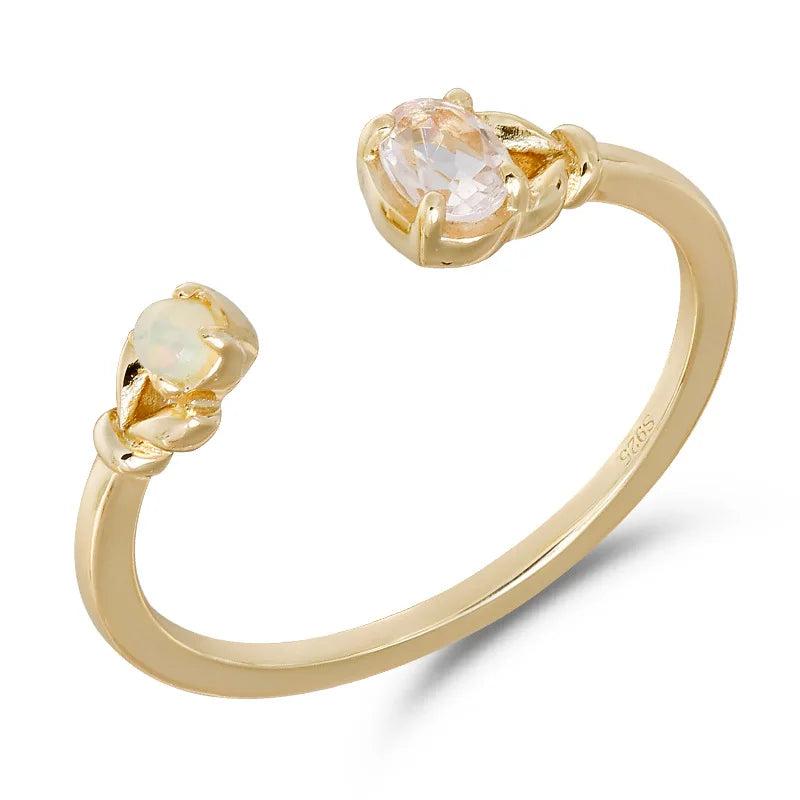925 Sterling Silver 14K Gold Plated Gemstone Natural Cherry Blossom Powder Morganite Opal Adjustable Opening Ring