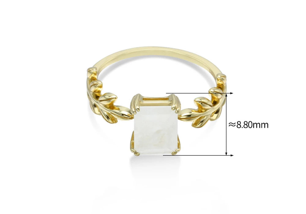 Emotional Factory 925 Sterling Silver 14K Gold Plated Gem Stone Gemstone Rectangle Leaf Leaves Blue Moonstone Ring