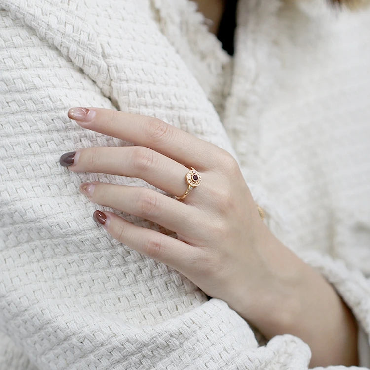 Emotional Factory 925 Sterling Silver 14K Gold Plated Gemstone Evil Eyes Red Garnet Flower Ring