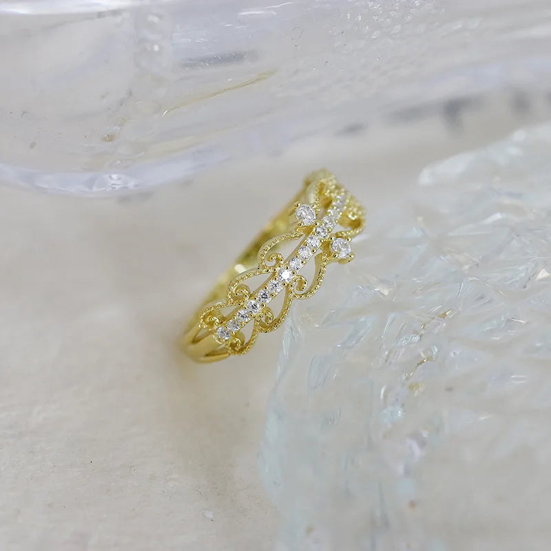 Emotional Factory 925 Sterling Silver 14K Gold Plated Cz Zircon Lace Hollow Ring