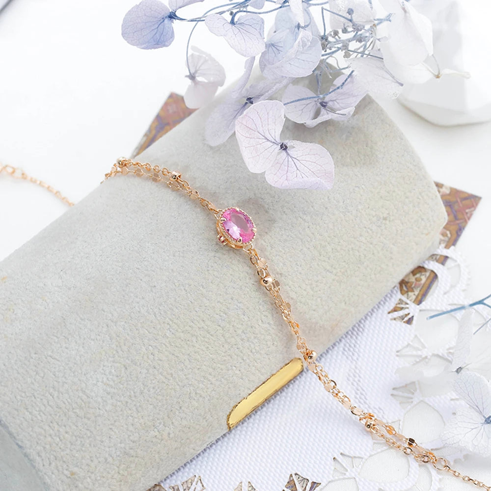 Bijoux Pour Femme 925 Sterling Silver 14K Gold Plated Gemstone Double-Layer Chain Pink Red Corundum Bracelet