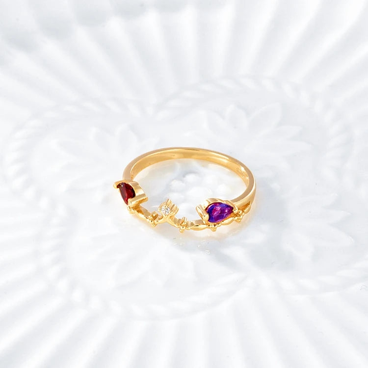 Emotional Factory 925 Sterling Silver 14K Gold Plated Gemstone Colorful Gems Amethyst Red Garnet Ring