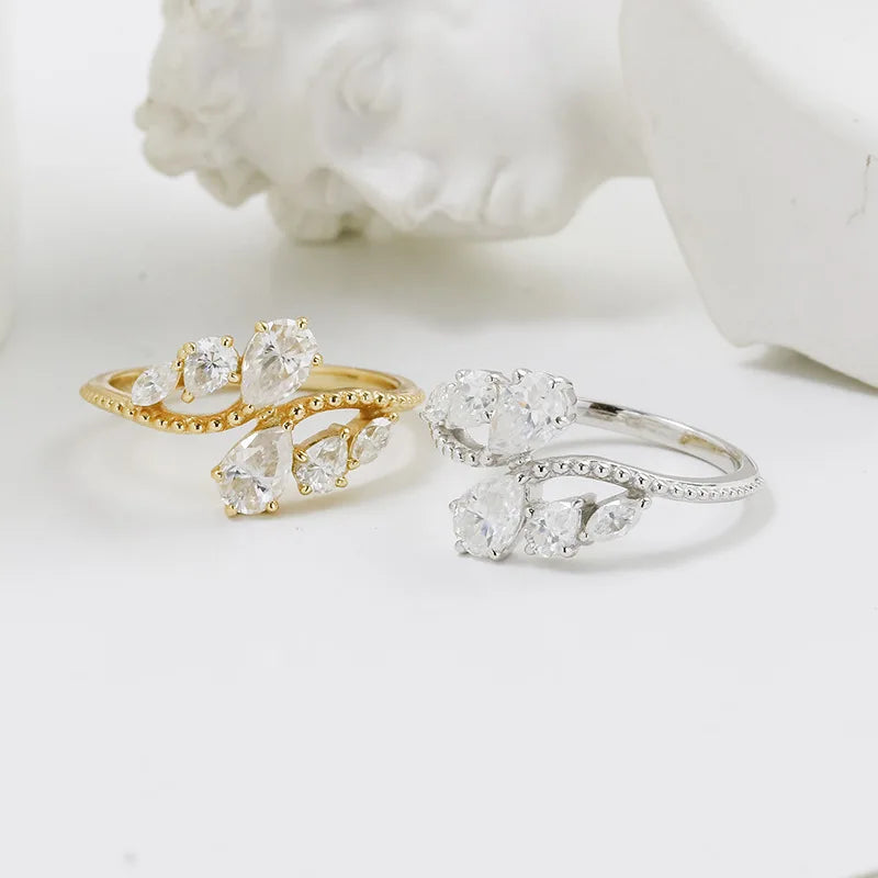 Emotional Factory 925 Sterling Silver 14K Gold Plated Gemstone Water Drops Moissanite Ring