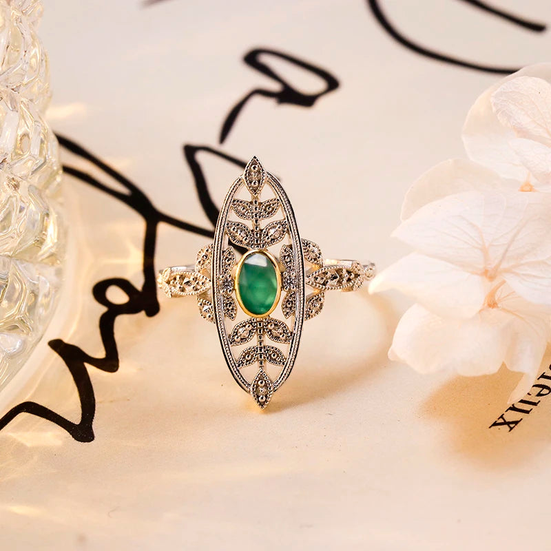 Emotional Bijou Factory 925 Sterling Silver 14K Gold Plated Gemstone Retro Cz Zircon Hollow Leaf Chrysoprase Ring