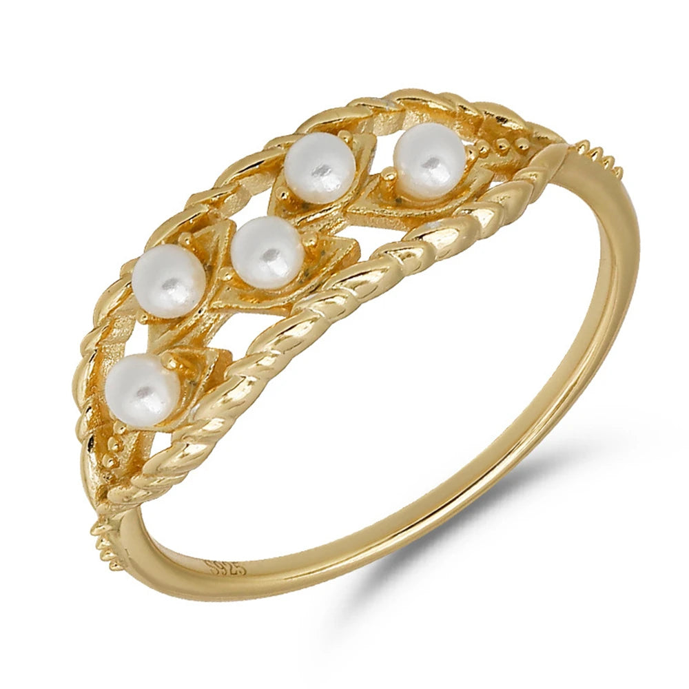 Emotional Factory 925 Sterling Silver 14K Gold Plated Gemstone Skeleton Leaf Hollow Pearl Ring