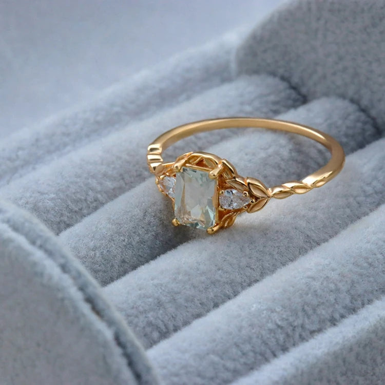 925 Sterling Silver 14K Gold Plated Gemstone Geometric Square Stone Natural Light Green Crystal Ring