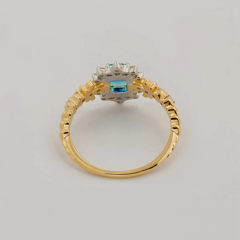 925 Sterling Silver 14K Gold Plated Gem Stone Gemstone Geometrical Dreams Galactic Star Fantasy Blue-Green Quartz Stone Ring