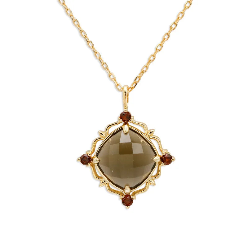 Emotional Factory 925 Sterling Silver 14K Gold Plated Gemstone Retro Geometric Circle Garnet Tea-Coloured Citrine Necklace